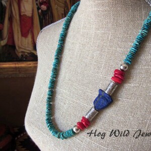 Turquoise Lapis Nugget Bamboo Coral Silver Necklace image 1