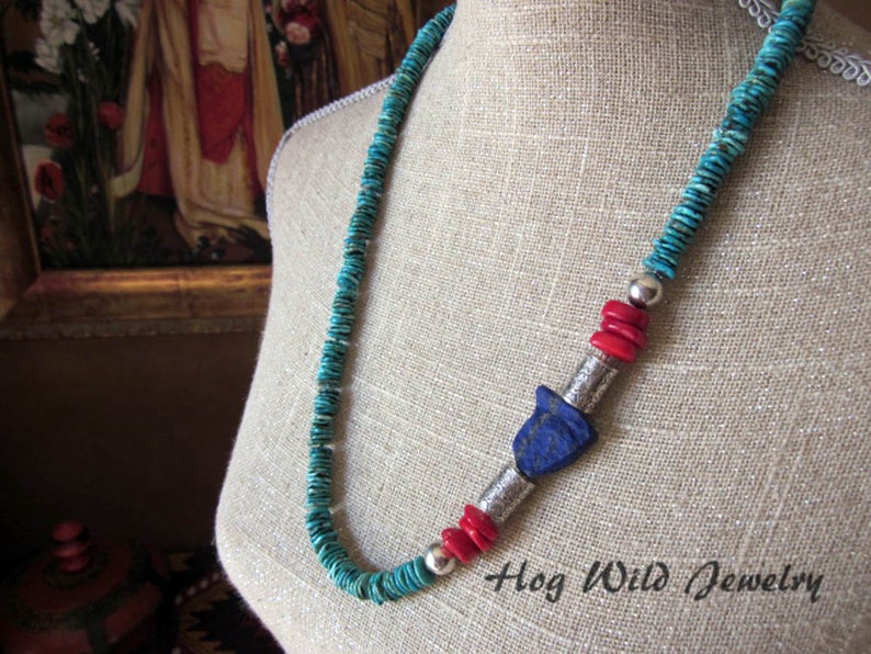 Turquoise Lapis Nugget Bamboo Coral Silver Necklace image 1