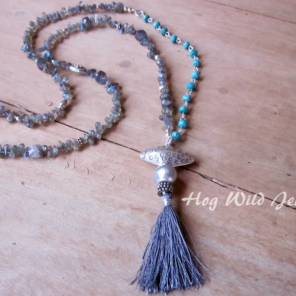 Tassel Necklace Labradorite Turquoise Gemstone Artisan Necklace