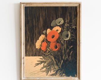 Vintage Poppy Floral Art | Night Poppy Botanical Decor | Dark Botanical Flower | Moody Poppies Art | Poppy Artwork | Antique Botanical Art |