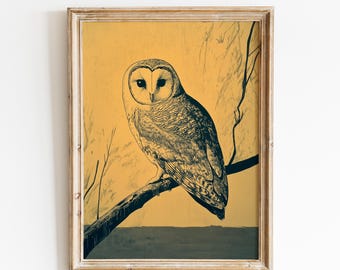 May include: Framed art print featuring a detailed illustration of an owl perched on a branch. The owl is rendered in black and white against a yellow background, with a dark gray base and a light brown wooden frame.