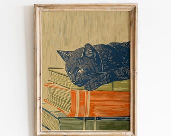 Cat Reading Wall Art | Black Cat with Books | Cozy Book Nook Poster | Book Lover Decor | Literary Home Art | Cats and Books | Black Cat Book