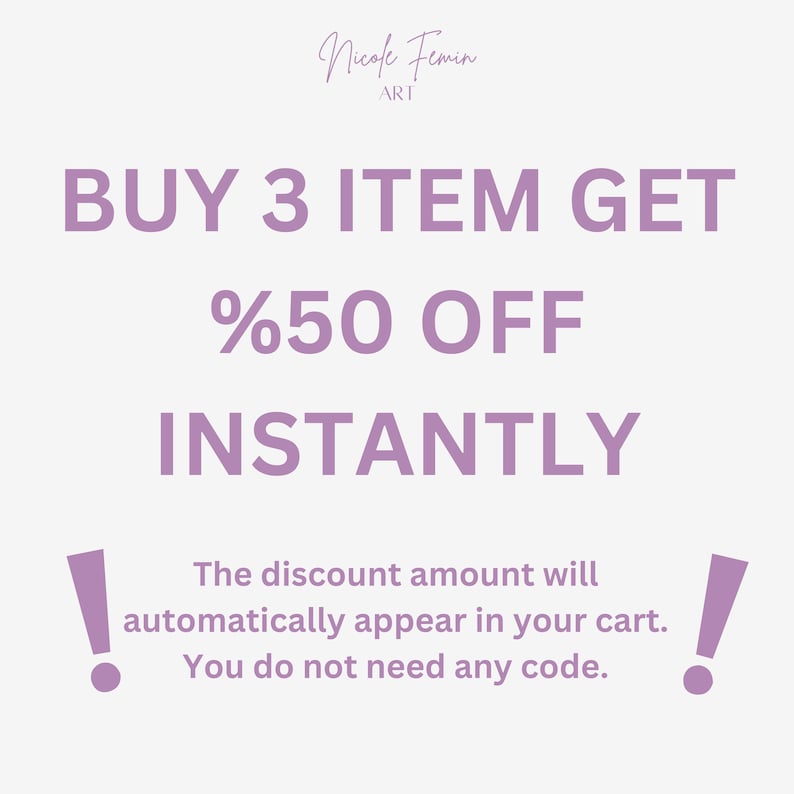 May include: A promotional graphic with the text "BUY 3 ITEM GET %50 OFF INSTANTLY" in a soft purple hue. The text is accompanied by the artist's name and the phrase "The discount amount will automatically appear in your cart. You do not need any code."