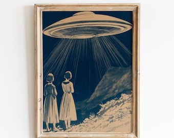Retro UFO Wall Art | Night Scene With UFO Print | Vintage Sci-Fi Illustration | Surreal Alien Decor | Classic UFO Poster | Fast Shipping