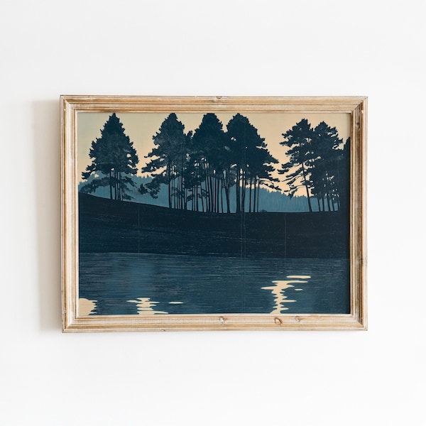 Lake and Trees | Forest Serene Scene | Rustic Lake And Tree | Minimalist Landscape | Vintage Moody Woodland | Bedroom,Office,Living Room Art