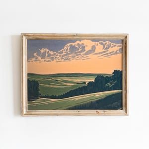 Rolling Countryside Landscape Print | Minimal Farmland Print | Scandinavian Rural Nature | Calm Open Fields | Serene Pastoral Evening Scene
