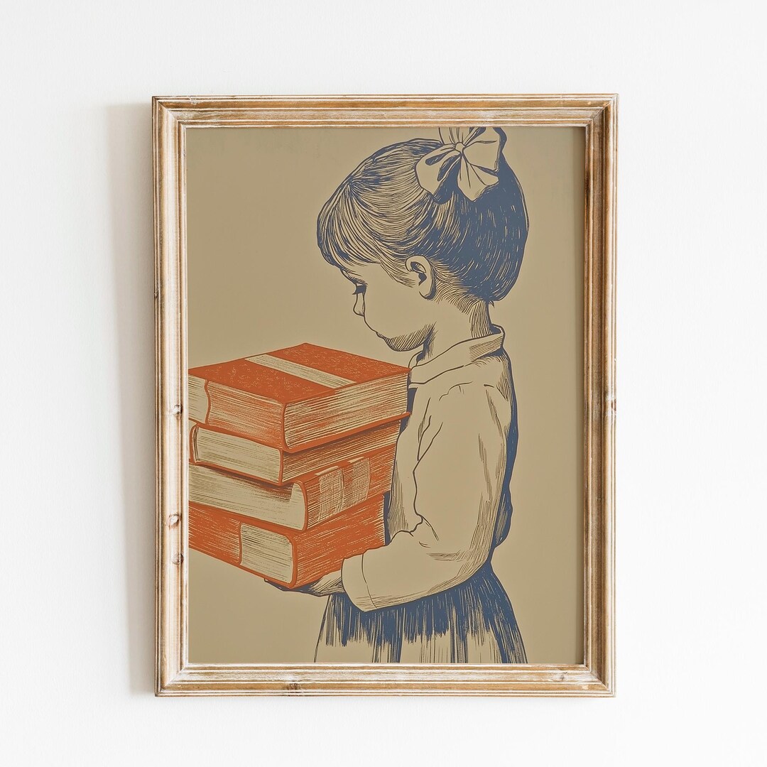 Vintage Book Lover Girl | Girl Holding Books Print | Retro Reading ...