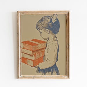 Vintage Book Lover Girl | Girl Holding Books Print | Retro Reading Poster | Study Room Decor | Vintage Book Stack Poster  | Fast Shipping