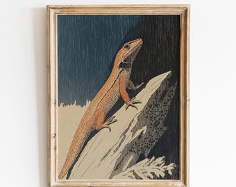 Vintage Eidechse Wandkunst | Reptil Illustration Druck | Eidechse Kunstwerk | Retro Wildtiere Poster | Eidechse Auf Rock | Wüstentiere