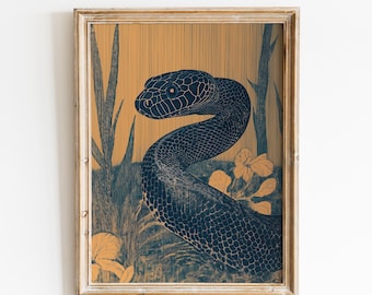 Floral Black Snake Poster | Wild Life Print | Vintage Black Mamba | Cottagecore Snake Print | Retro Floral Snake | Snake Lover Gift