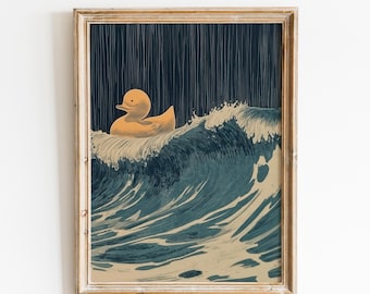 Vintage Poster Rubber Duck in Stormy | Bathroom Duck Painting | Nautical Wall Art | Funny Bathroom Decor | Cottagecore Bathroom Duck