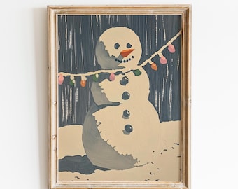 Rustic Snowman Christmas Art Print, Cozy Winter Holiday Decor, Vintage Snowman Wall Art, Christmas Gift Idea, Festive Snowman Scene Decor