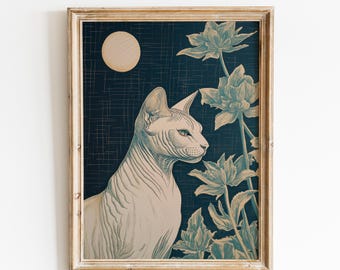 Sphynxkatze im Mondlicht | Sphynx Katzen Kunst | Fantasie Mond Kunst | Vintage Sphynx Katze | Katzendekor | Retro Sphynx Katzen Kunstwerk