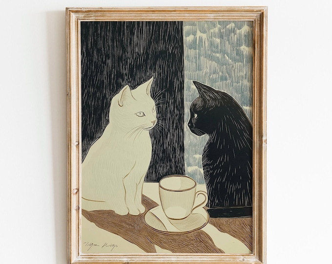 Cat Couple Coffee Art | Vintage Cat Couple | Romantic Cat Print | Cat at the Cafe Artwork | Feline Wall Decor | Black And White Cat Couple