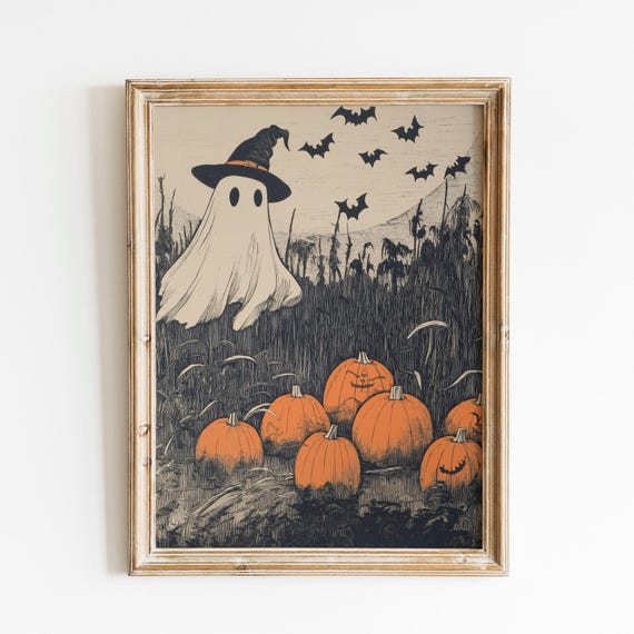 Spooky Halloween Ghost Poster | Vintage Haunted Pumpkin | Rustic Ghost And Pumpkins | Vintage Halloween Pumpkin | Haunted Pumpkin Poster