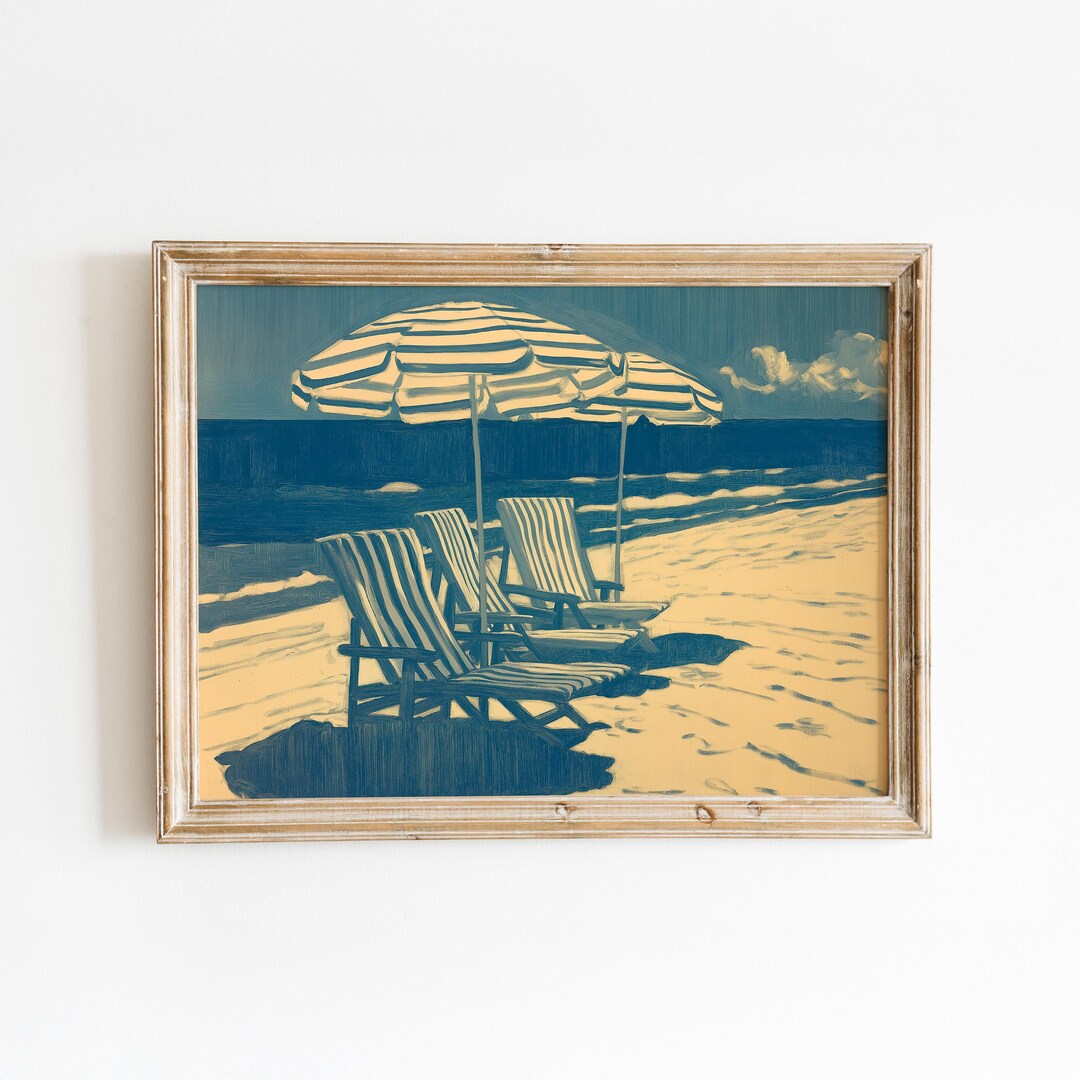 Vintage Blue Beach Chair Print | Coastal Umbrella Wall Art | Seaside ...