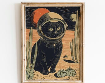Poster di gatto cosmico / Gatto astronauta / Gatto fantascientifico vintage / Opera d'arte di gatto spaziale / Stampa di gatto galattico / Arte murale di gatto spaziale / Poster retrò di gatto cosmico