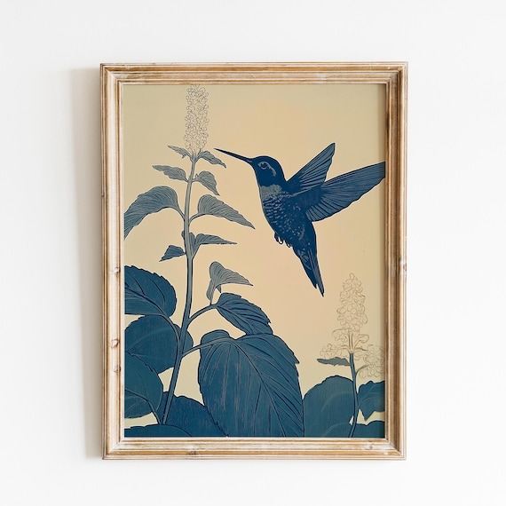 Vintage Hummingbird Art | Blue Hummingbird Print | Retro Hummingbird | Handdraw Bird Poster | Delicate Hummingbird | Floral Hummingbird