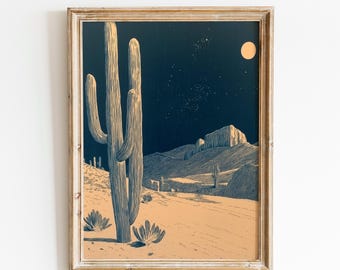 Paesaggio desertico illuminato dalla luna / Poster notturno di cactus nel sud-ovest / Scena naturalistica minimalista / Cielo notturno nel deserto / Chiaro di luna con cactus / Spedizione veloce