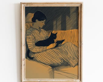 Cat Reading Wall Art | Black Cat with Books | Striped Book Poster | Book Lover Decor | Literary Home Art | Cats and Books | Black Cat Book