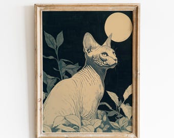 Sphynxkatze im Mondlicht | Sphynx Katzen Kunst | Fantasie Mond Kunst | Vintage Sphynx Katze | Katzendekor | Retro Sphynx Katzen Kunstwerk