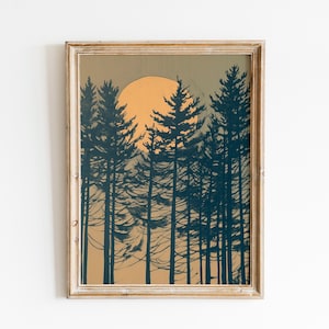 Full Moon Over Pine Trees | Forest Night Scene | Rustic Moon And Tree | Minimalist Night Sky | Vintage Enchanting Celestial | Fast Shipping