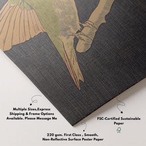 May include: A poster print featuring a detailed illustration of a bird perched on a branch, rendered in shades of green, tan, and brown against a dark gray background. The poster is made of 220 gsm, smooth, non-reflective paper.