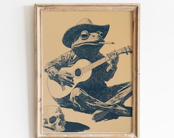 Cowboy Frog Playing Guitar | Western Frog Wall Art | Rustic Cowboy Frog | Funny Cowboy Frog | Vintage Western Frog Decor | Western Frog Art