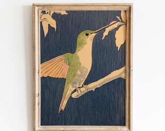 Colibri vintage | Imprimé colibri vert | Colibri rétro | Affiche d'oiseau dessinée à la main | Colibri délicat | Colibri élégant