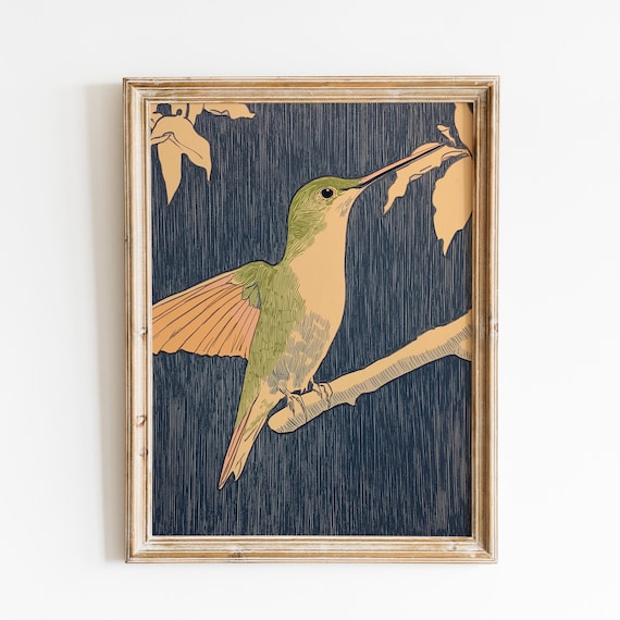 Vintage Hummingbird Art | Green Hummingbird Print | Retro Hummingbird | Handdraw Bird Poster | Delicate Hummingbird | Elegant Hummingbird