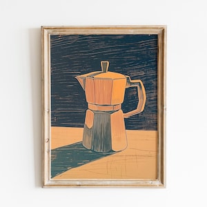 May include: Framed art print of a coffee maker in shades of orange and teal. The coffee pot is the focal point, set against a dark blue background. The artwork has a vintage, linocut style, with a wooden frame.