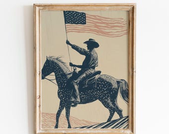 Patriotic Cowboy Art | American Flag Poster | Vintage Western Print | Cowboy On Horseback | Engraving Style Illustration | Western Art Gift
