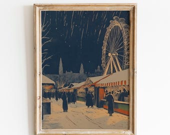 May include: A framed print depicts a winter scene at night. A Ferris wheel and market stalls are visible, with people walking along a snow-covered path. The sky is dark blue with falling snow, and the print has a vintage aesthetic.