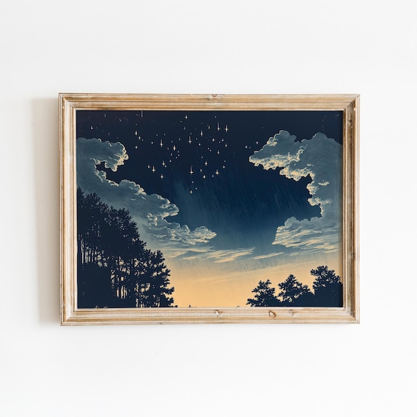 Vintage Enchanting Celestial Stars | Night Art | Rustic Celestial Moon | Minimalist Landscape | Vintage Moody Woodland | Night Sky Painting