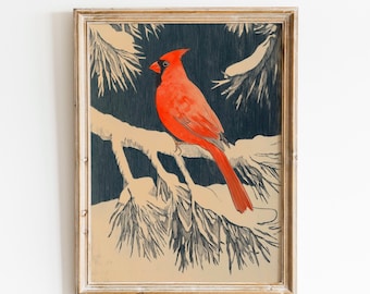 Vintage Cardinal | Rustic Christmas Bird | Winter Poster | Holiday Bird Art | Christmas Decor | Classic Cardinal Art | Retro Winter Bird