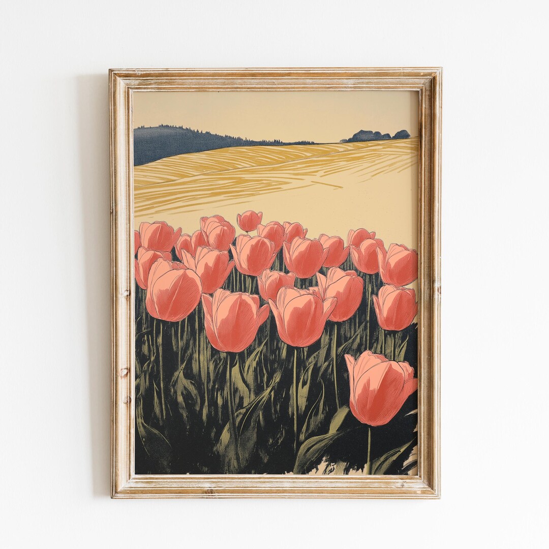 Pink Tulip Field Art | Vintage Tulip Landscape | Spring Flower Wall Art ...