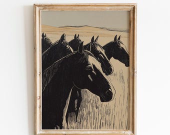 Arte mural de caballos negros / Impresión de caballos rústicos / Póster ecuestre decorativo / Arte ecuestre campestre / Silueta minimalista de caballo / Decoración ecuestre