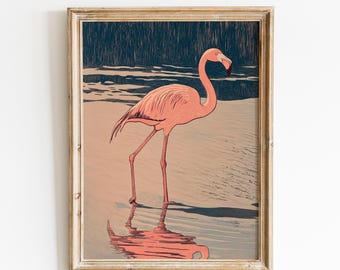 Pink Flamingo Art | Tropical Bird Decor | Coastal Flamingo Poster | Seaside Artwork | Beach House Decor | Coastal Decor | Vintage Flamingo