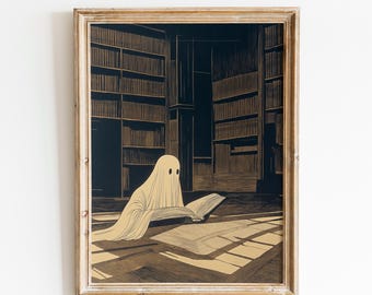 Ghost In Library Art | Spooky Ghost Reading Print | Halloween Ghost | Haunted House Art | Rustic Halloween Print | Creepy Cute Ghost Poster