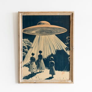 Vintage UFO Begegnung Poster | Retro Sci-Fi Raumschiff Print | Ländliche Alien Entführungsszene Wandkunst | Altmodisches UFO | Schneller Versand
