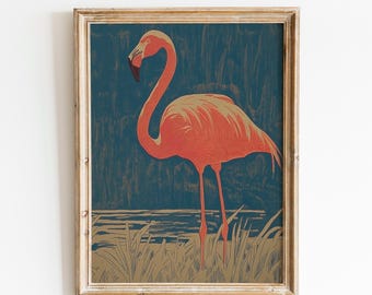 Pink Flamingo Art | Tropical Bird Decor | Coastal Flamingo Poster | Seaside Artwork | Beach House Decor | Coastal Decor | Vintage Flamingo