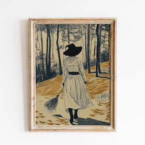 Chic Witch Goes for a Fall Stroll | Autumn Halloween Print | Witchy Woman Artwork | Celestial Witch | Witch in Forest | Fast Shipping