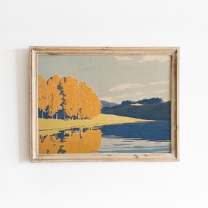 Autumn Lake Landscape Art | Minimal Forest Lake Illustration | Moody Autumn Landscape Print | Scandinavian Style Autumn | Serene Autumn Lake