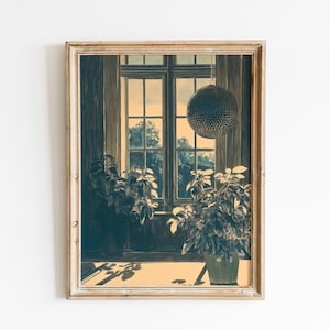 Plant and Disco Ball Art | Window Sunlight Botanical | Vintage Green Room Decor | Cozy Scandinavian Plant | Home Nature Scene| Fast Shipping