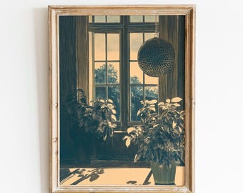 Plant and Disco Ball Art | Window Sunlight Botanical | Vintage Green Room Decor | Cozy Scandinavian Plant | Home Nature Scene| Fast Shipping