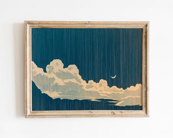 Celestial Night-muurkunst | Maan- en sterrenprint | Dromerige lucht landschapskunst | Minimalistische nachtelijke hemelprint | Kalm hemels decor | Wolkenkunst