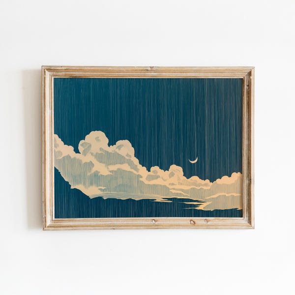 Celestial Night Wall Art | Moon And Stars Print | Dreamy Sky Landscape Art | Minimalist Night Sky Print | Calm Celestial Decor | Cloud Art