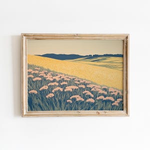 Wildflower Meadow Landscape | Yellow Field Floral Illustration | Countryside Nature Art | Calm Meadow Flower | Minimalist Floral Field Print