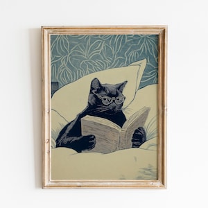 Cat Reading Wall Art | Black Cat with Glasses Print | Cozy Book Nook Poster | Book Lover Decor | Literary Home Art | Fast Shipping