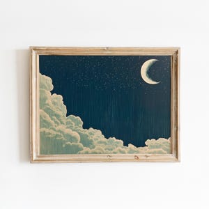 Starry Night Sky Print | Crescent Moon Cloud | Dreamy Night Sky Landscape | Minimal Celestial Night | Moon And Stars |Scandinavian Night Sky